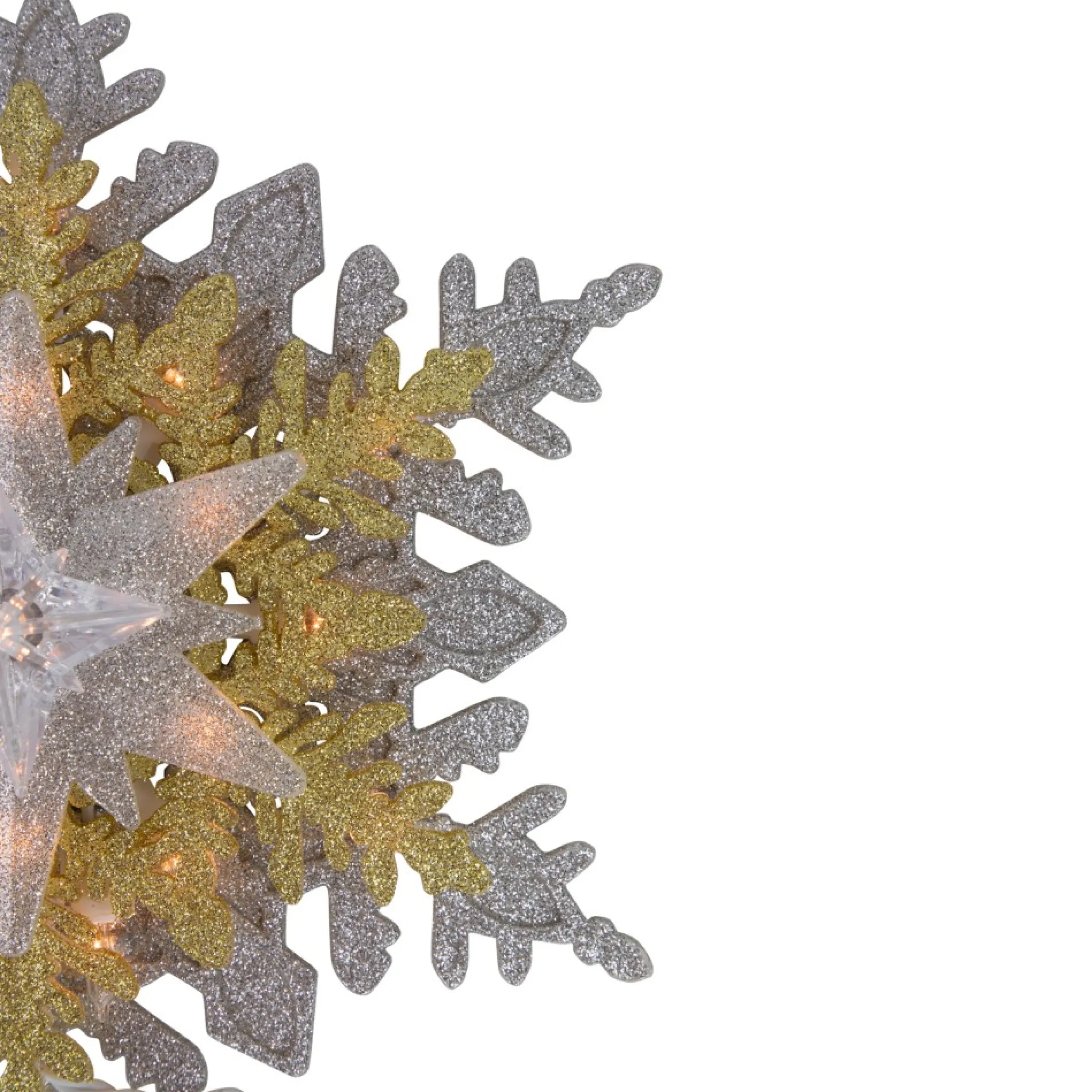 13.75" Lighted Gold And Silver Snowflake Christmas Tree Topper, Clear Lights