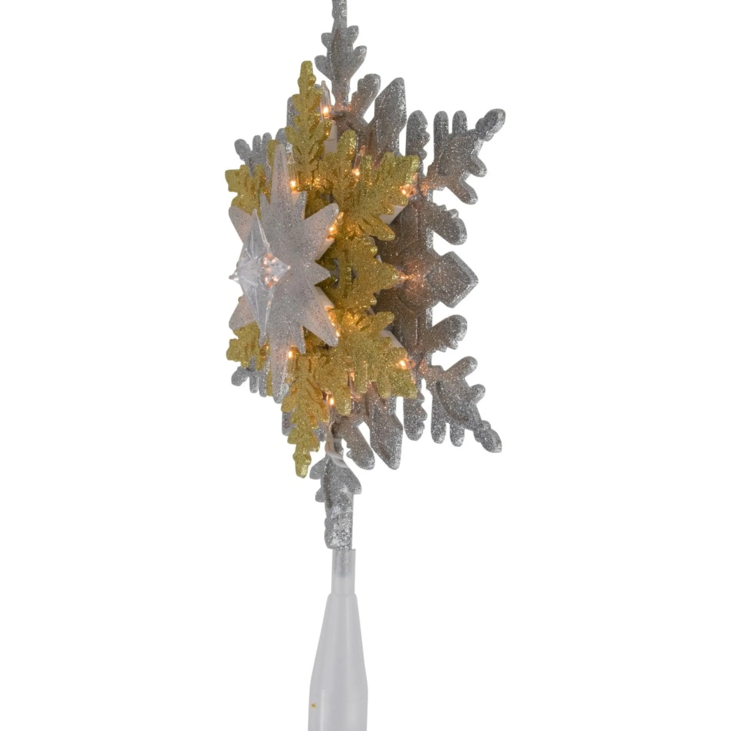 13.75" Lighted Gold And Silver Snowflake Christmas Tree Topper, Clear Lights