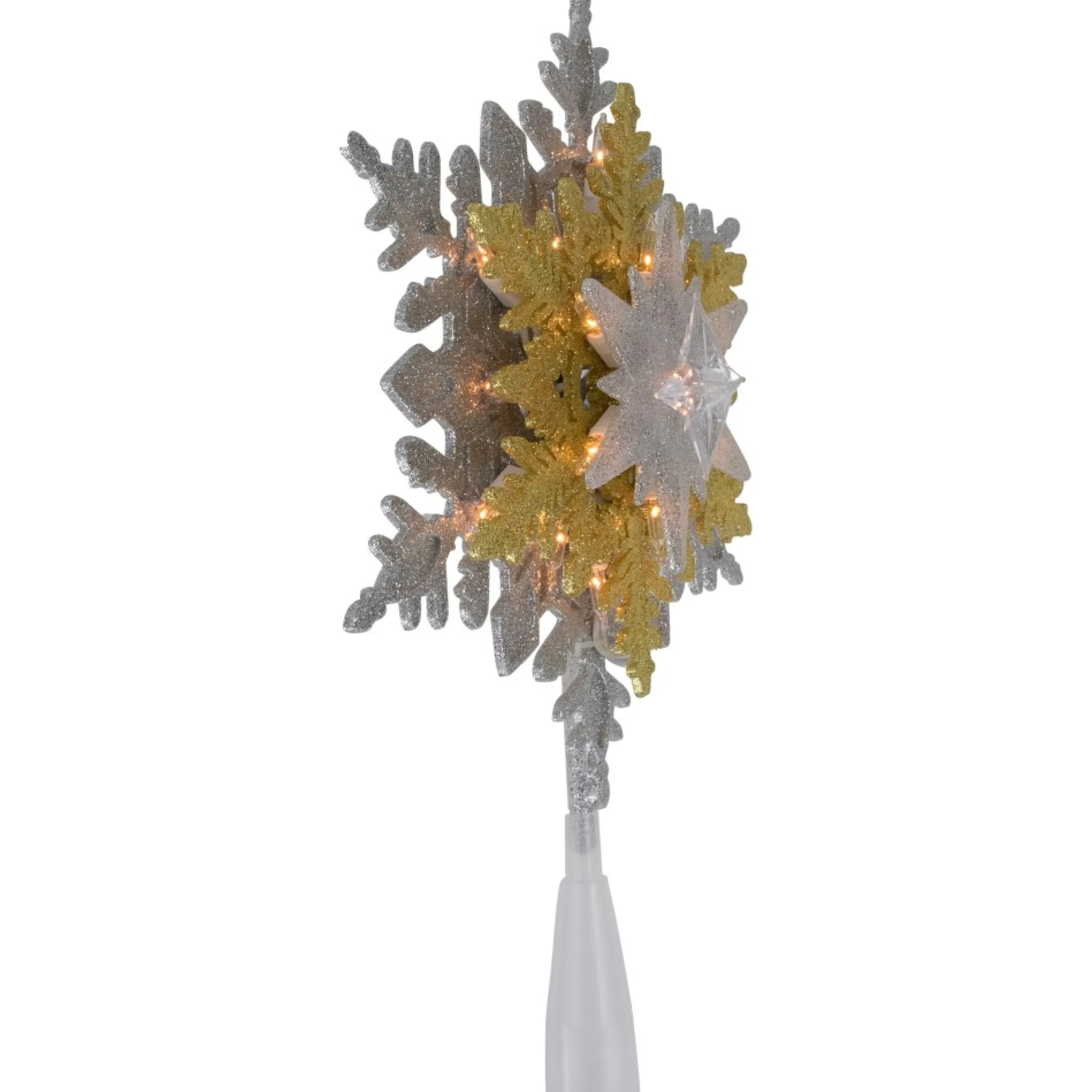 13.75" Lighted Gold And Silver Snowflake Christmas Tree Topper, Clear Lights