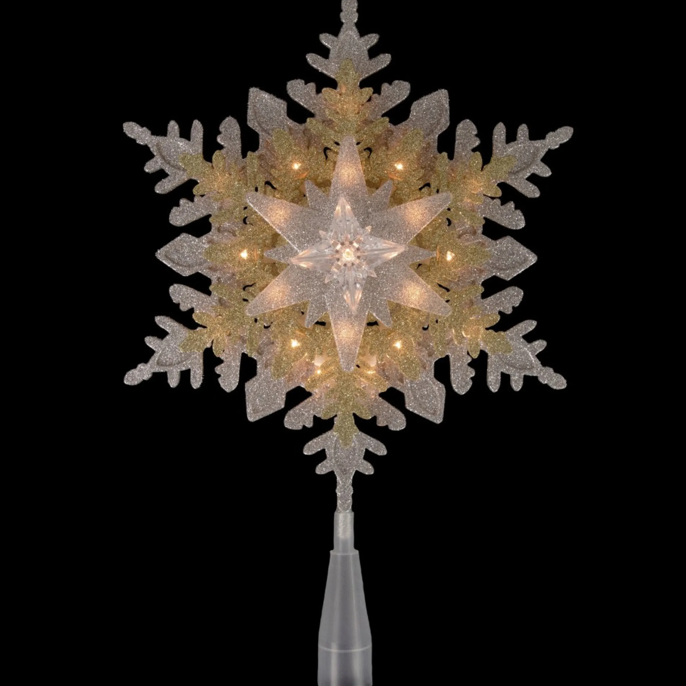13.75" Lighted Gold And Silver Snowflake Christmas Tree Topper, Clear Lights