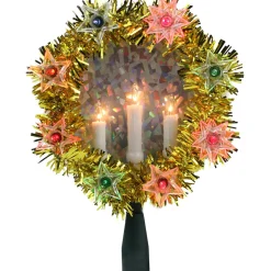 7" Lighted Gold Tinsel Wreath With Candles Christmas Tree Topper - Multi Lights
