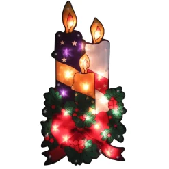 17.5" Lighted Holly And Berry With Candles And Bow Christmas Window Silhouette