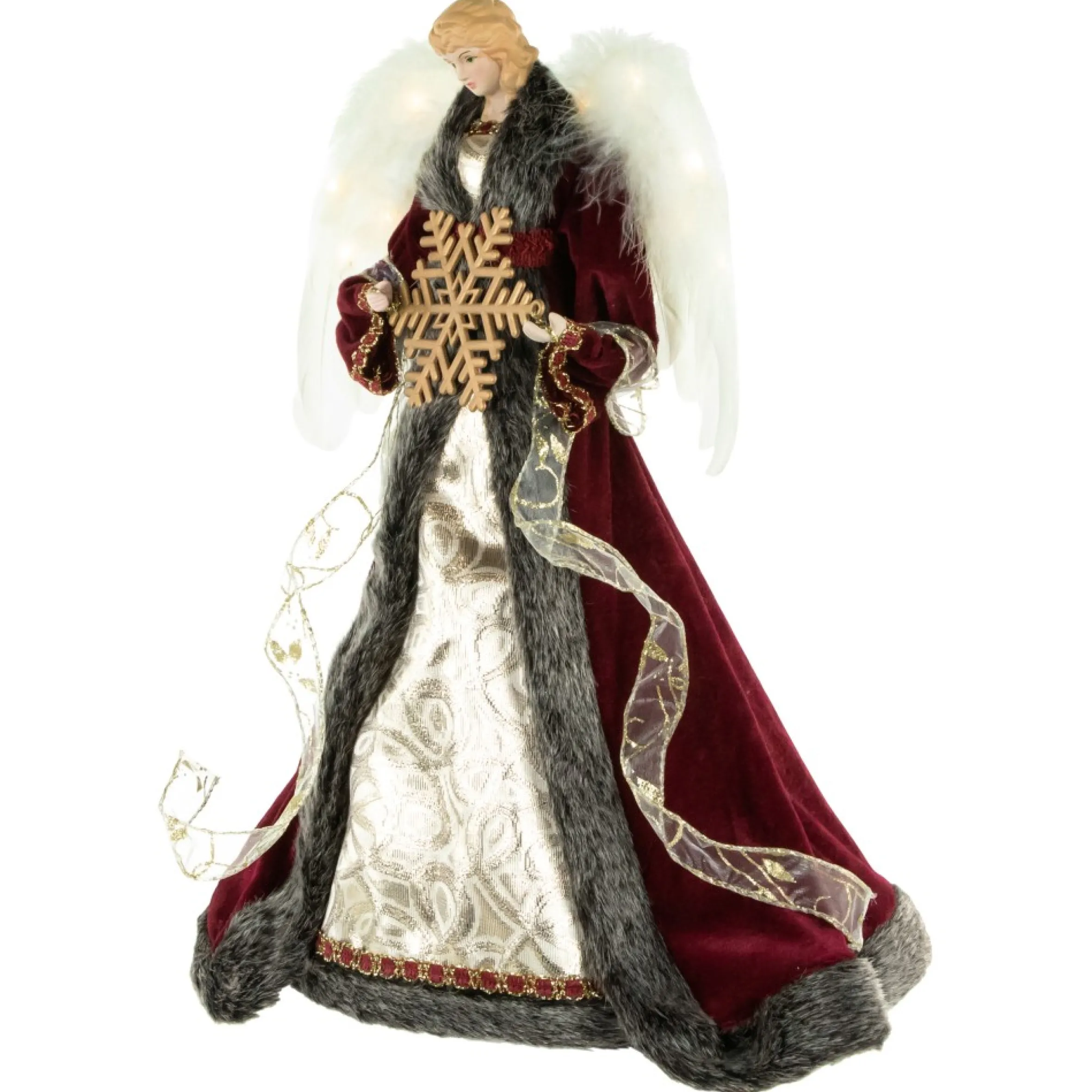 18" Lighted Red And Gold Angel In A Dress Christmas Tree Topper - Warm White Lights