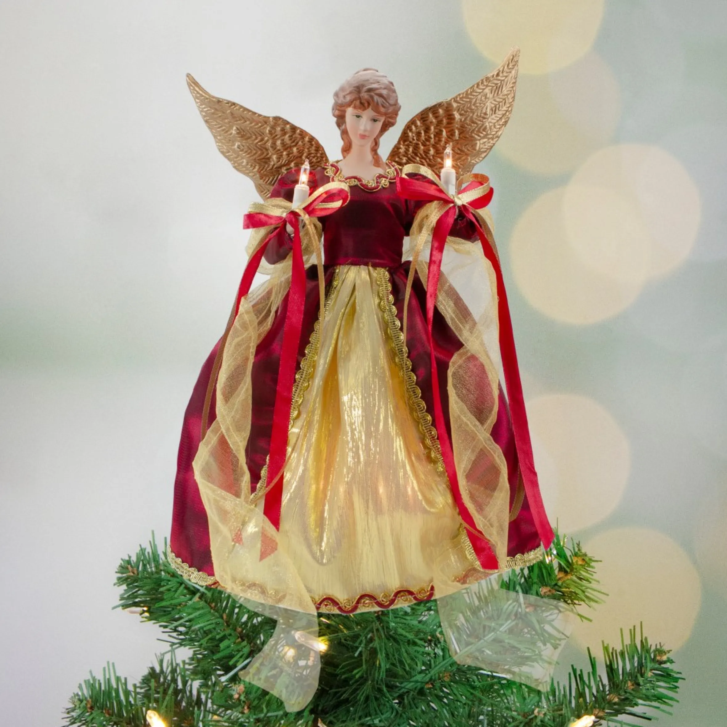 13.5" Lighted Red And Gold Angel With Wings Christmas Tree Topper - Clear Lights