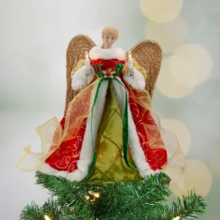 12" Lighted Red And Green Angel With Wings Christmas Tree Topper - Clear Lights