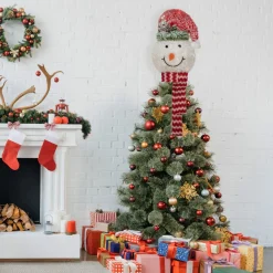 22" Lighted Snowman Wearing A Red Frosted Hat With Pine Christmas Tree Topper