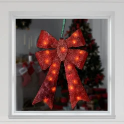 23" Lighted Sparkling Red Sisal Double Bow Outdoor Christmas Decoration