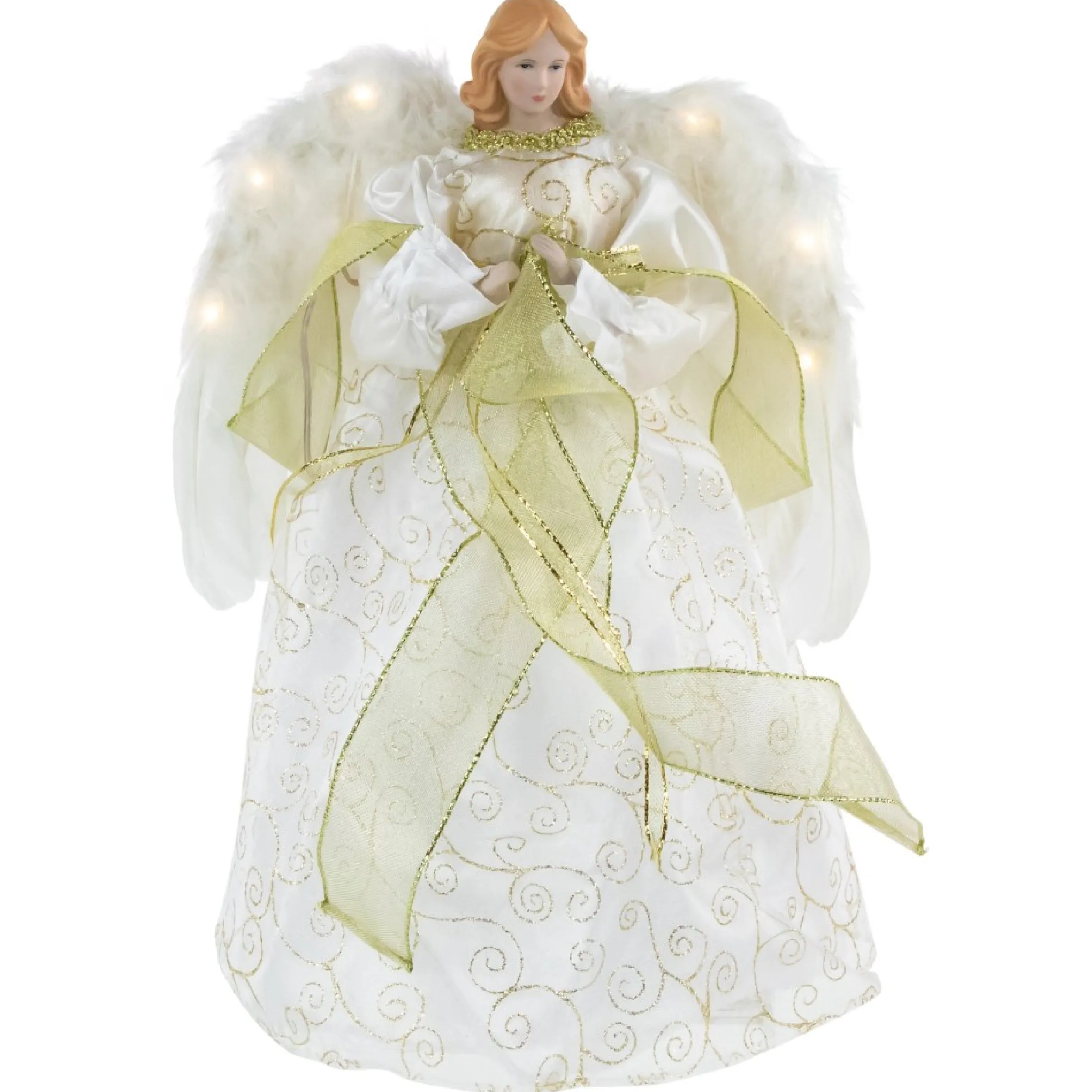 14" Lighted White And Gold Angel In A Dress Christmas Tree Topper - Warm White Lights