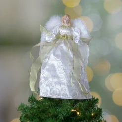 14" Lighted White And Gold Angel In A Dress Christmas Tree Topper - Warm White Lights