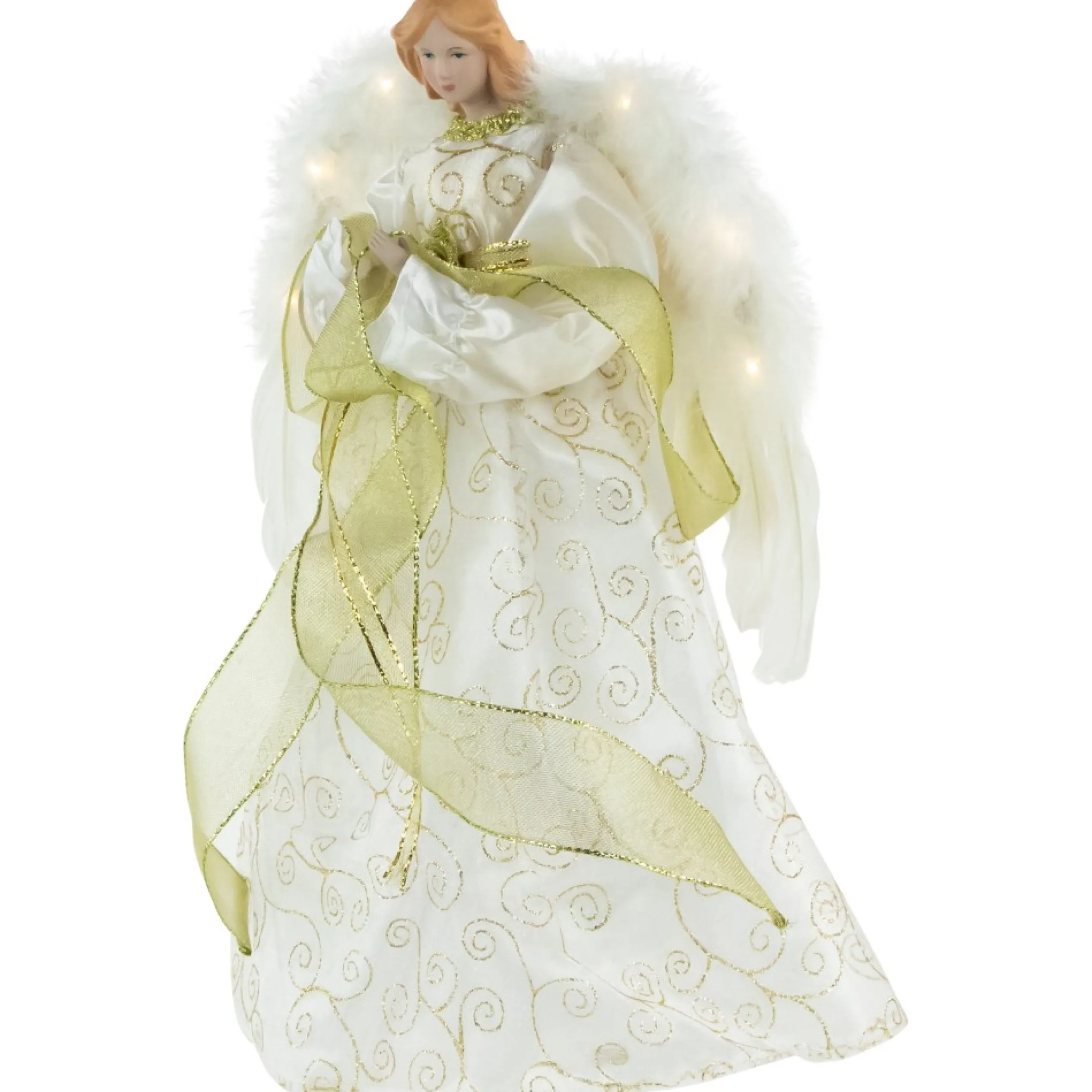14" Lighted White And Gold Angel In A Dress Christmas Tree Topper - Warm White Lights