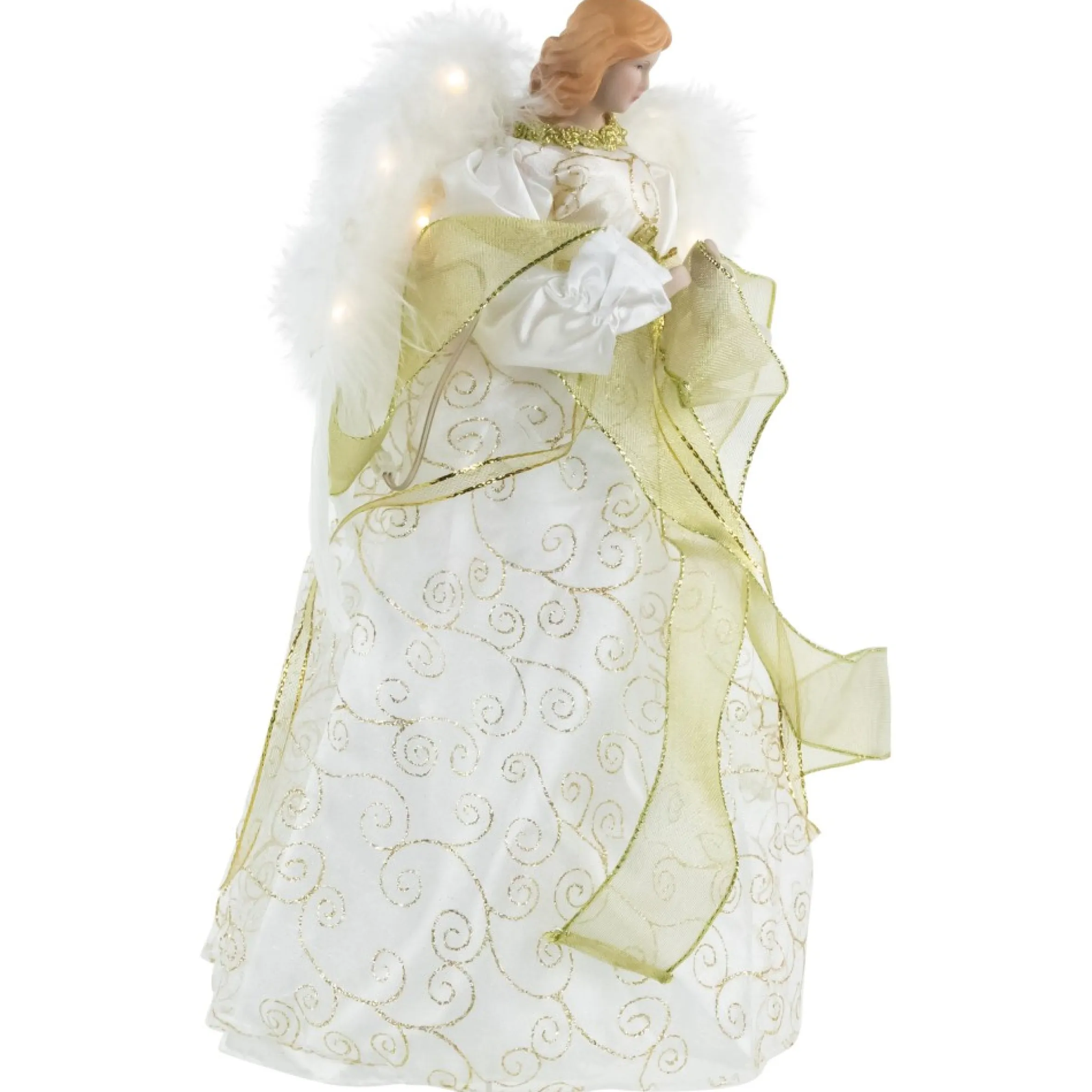 14" Lighted White And Gold Angel In A Dress Christmas Tree Topper - Warm White Lights