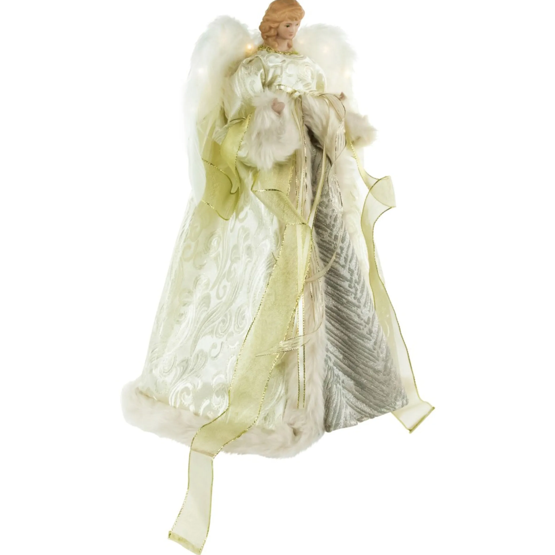 18" Lighted White And Gold Angel In A Dress Christmas Tree Topper - Warm White Lights