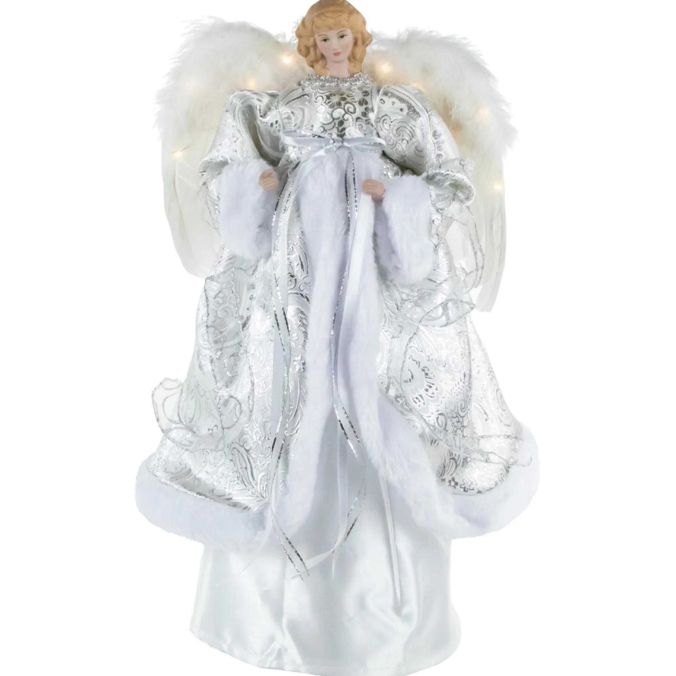 18" Lighted White And Silver Angel In A Dress Christmas Tree Topper - Warm White Lights