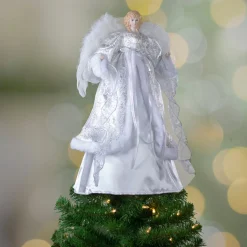 18" Lighted White And Silver Angel In A Dress Christmas Tree Topper - Warm White Lights