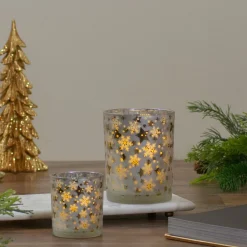 3" Matte Silver And Gold Stars And Snowflakes Flameless Glass Candle Holder