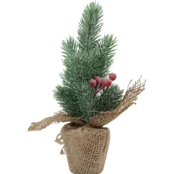 8.5" Mini Frosted Pine Christmas Tree With Berries Burlap Pot