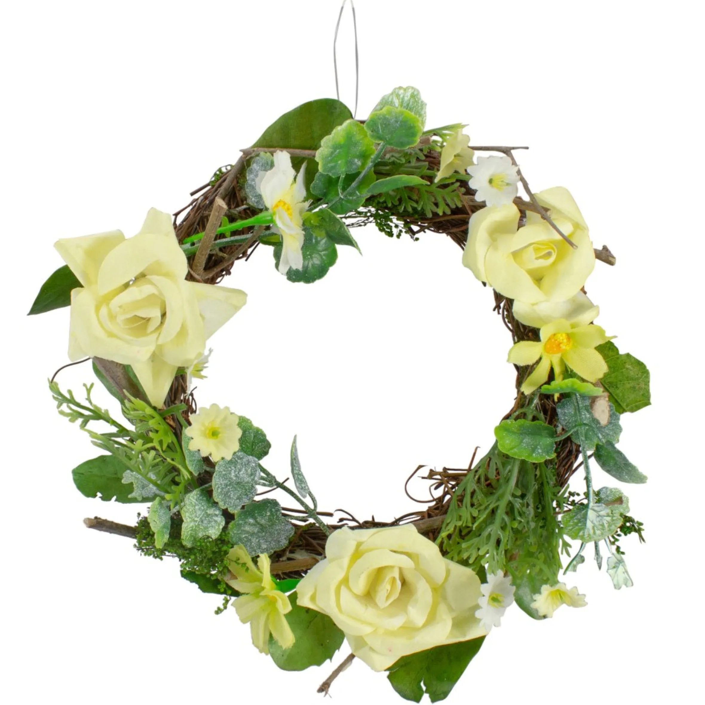 Mini Rose And Foliage Spring Wreath, Yellow 7"