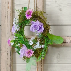 Mini Rose And Foliage Spring Wreath, Pink And Purple 8"