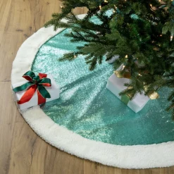 47" Mint Green Sequins Christmas Tree Skirt With White High Pile Fleece Fur Trim