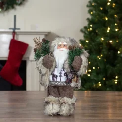 12" Mountain Santa Dressed In Plush Brown Coat And Fur Boots Christmas Figure
