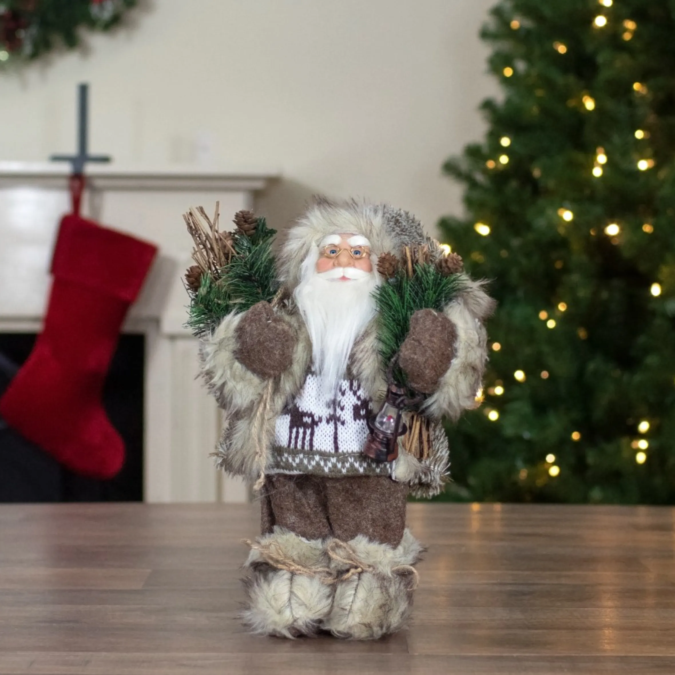 12" Mountain Santa Dressed In Plush Brown Coat And Fur Boots Christmas Figure