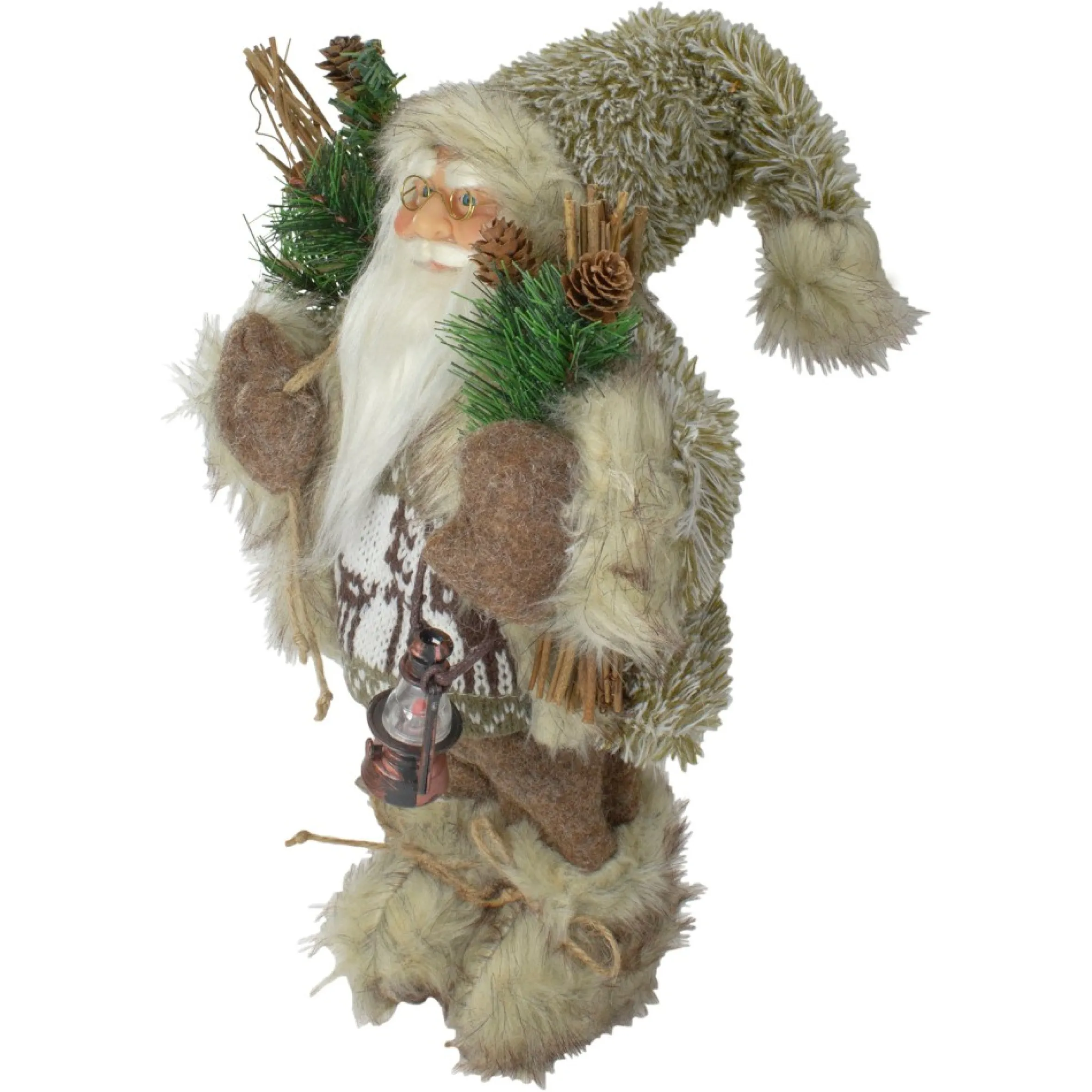 12" Mountain Santa Dressed In Plush Brown Coat And Fur Boots Christmas Figure