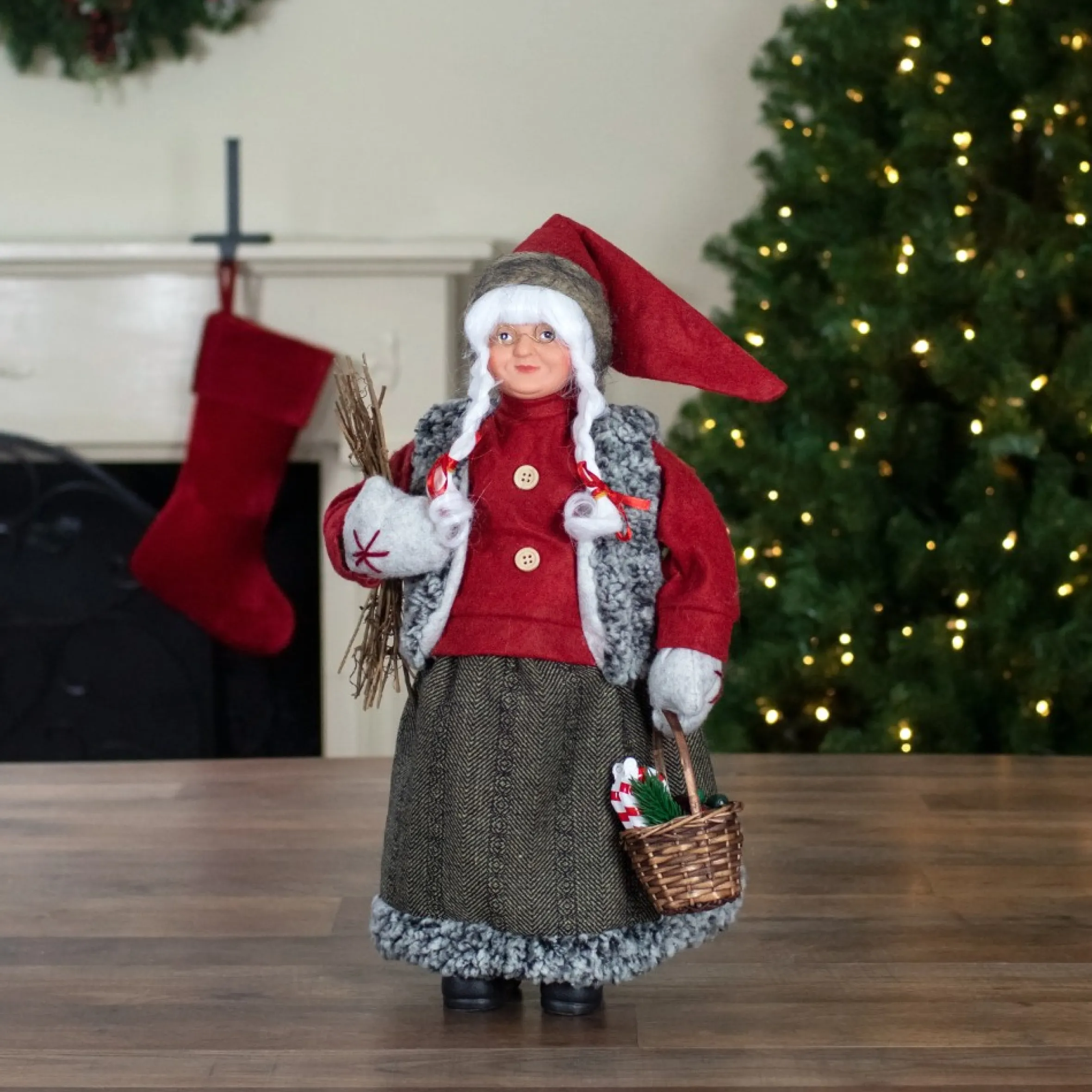 18" Mrs. Clause Carrying A Basket Of Gifts And Firewood Christmas Figure