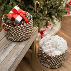 14" Multicolored Round Braided Holiday Basket With Red Handles
