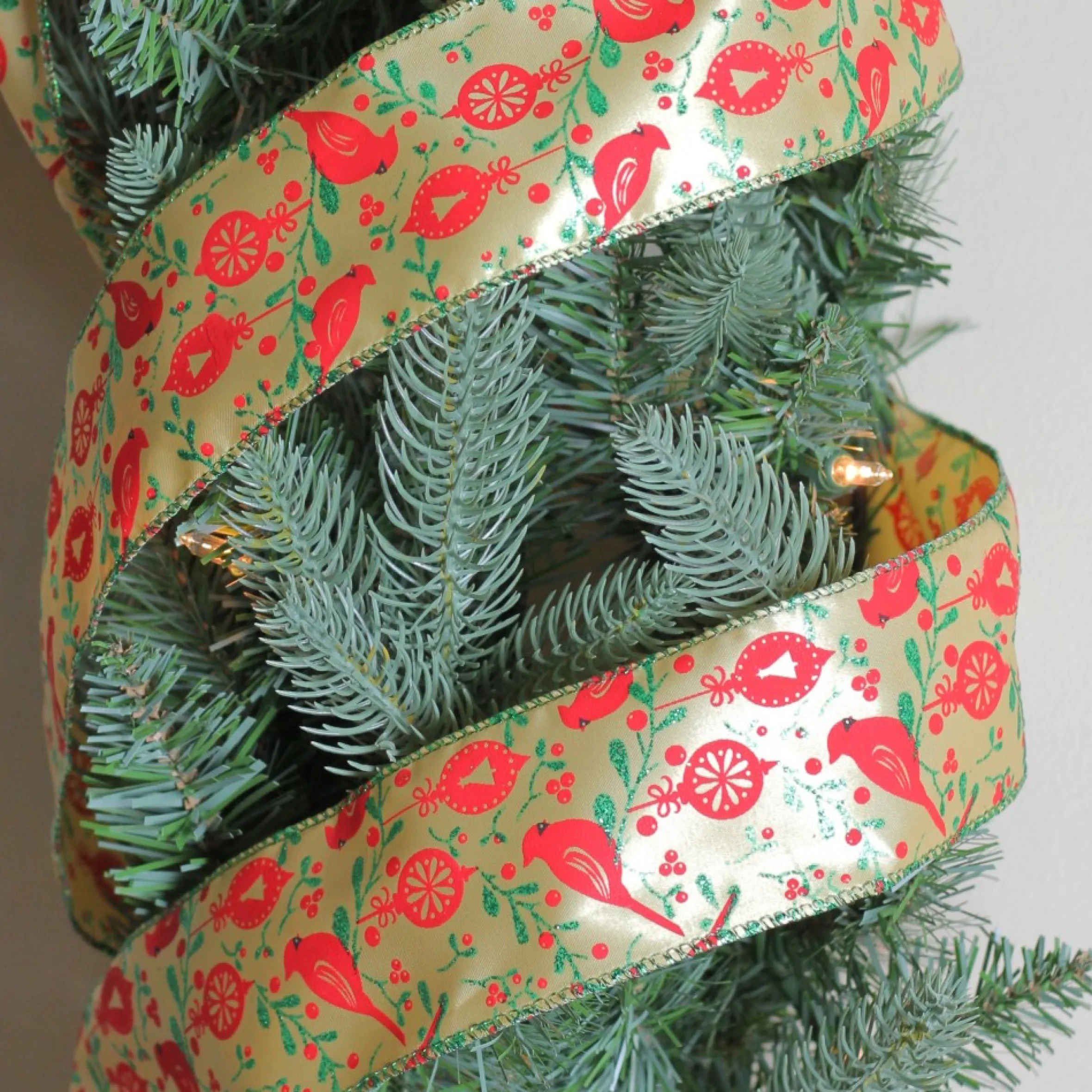 Mustard Yellow And Red Cardinals Wired Christmas Craft Ribbon 2.5" X 10 Yards