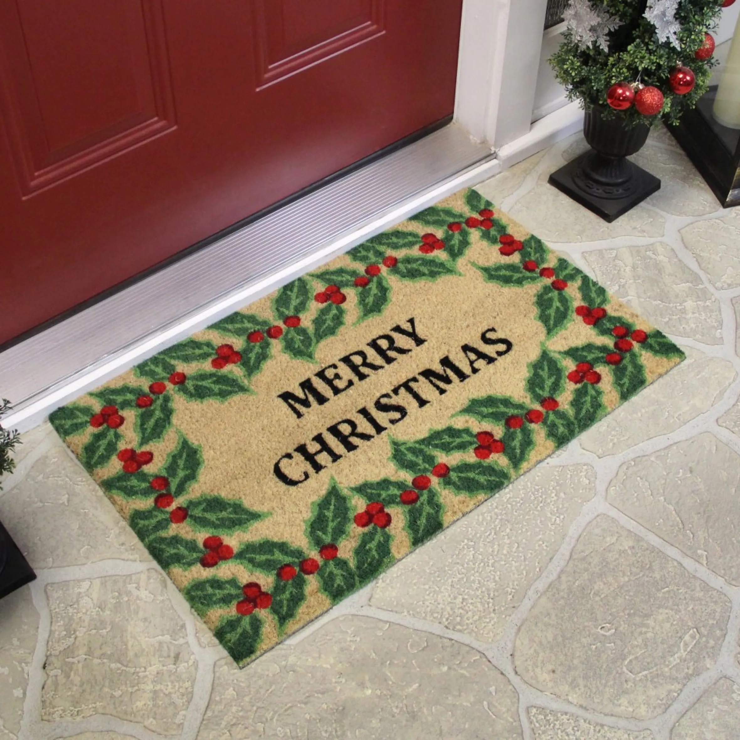 Natural Coir Holly Berries "Merry Christmas" Doormat 18" X 30"