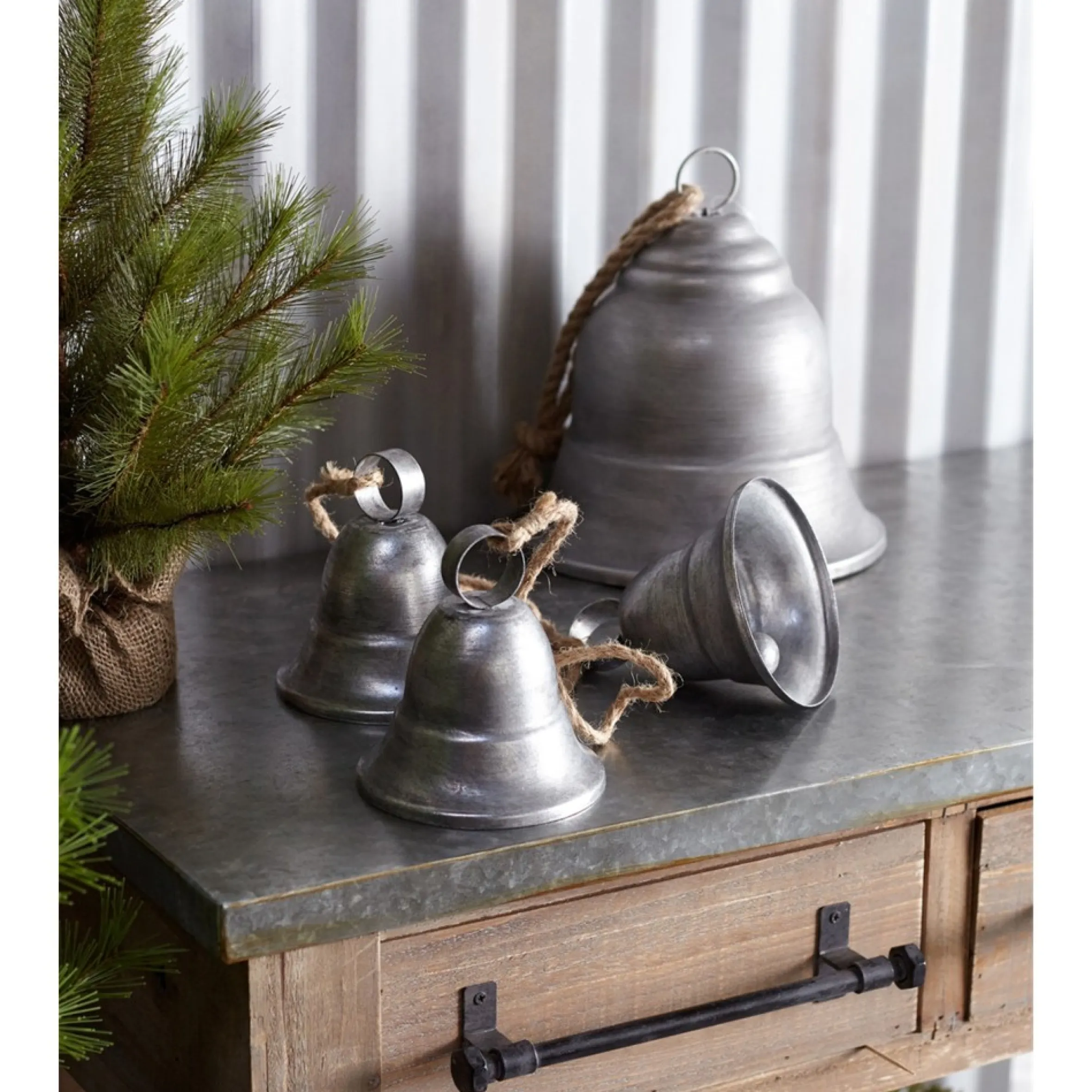 Pack Of 2 Dark Gray Distressed Finish 3 Bells On Rope 14.75"