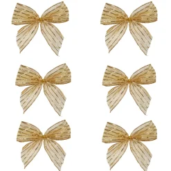 Pack Of 6 Gold Glitter Striped 2 Loop Christmas Bow Decorations 5.5"