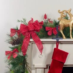 Pack Of 6 Red Glittered 2 Loop Christmas Bow Decorations 5.5"