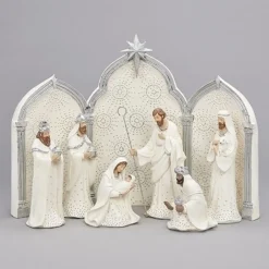 9Pc Silver Dotted Triptych Nativity Figurine Set 11.5"