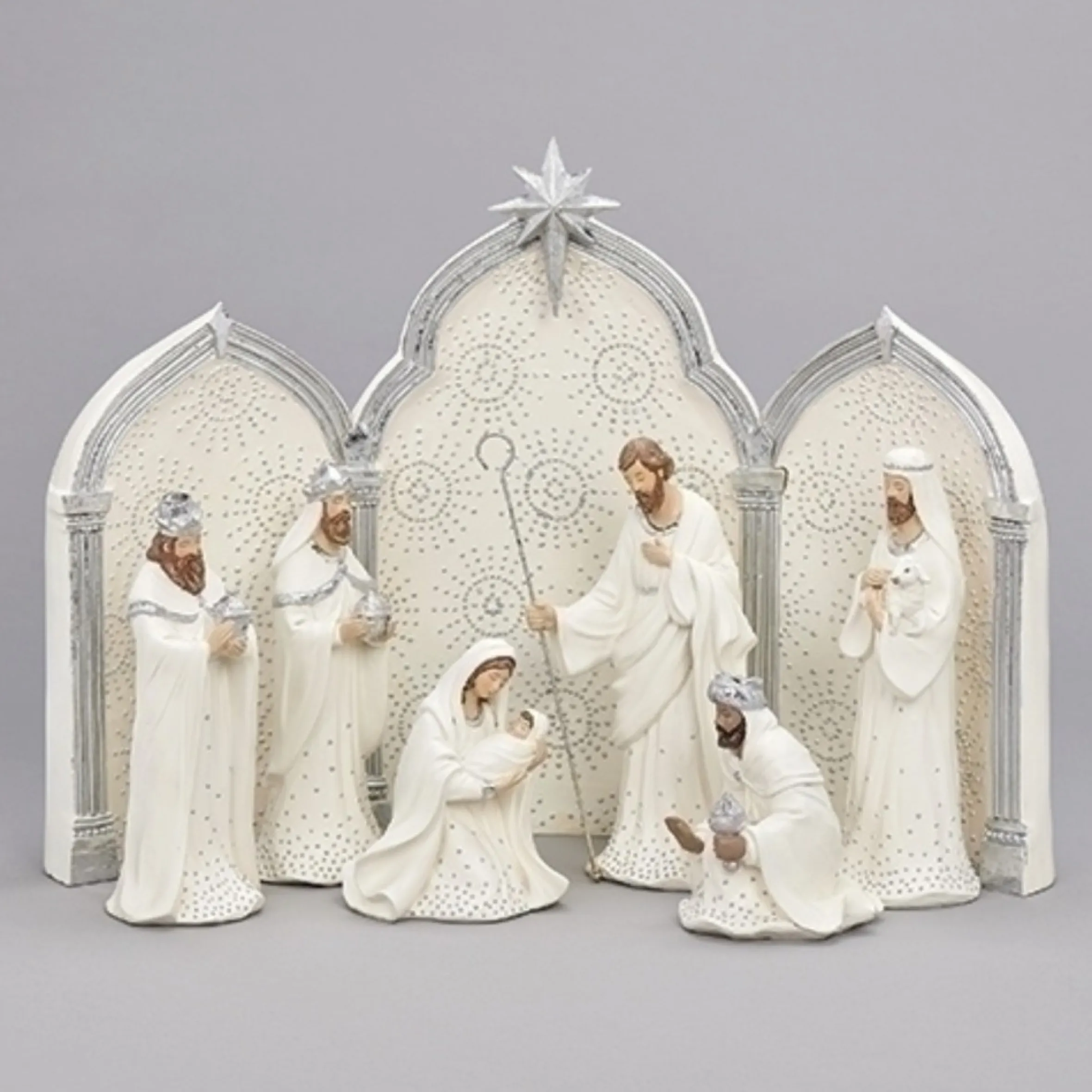 9Pc Silver Dotted Triptych Nativity Figurine Set 11.5"