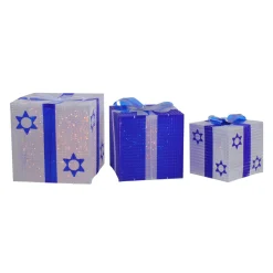 3Pc White And Blue Shimmering Lighted Hanukkah Gift Box 12"