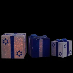 3Pc White And Blue Shimmering Lighted Hanukkah Gift Box 12"