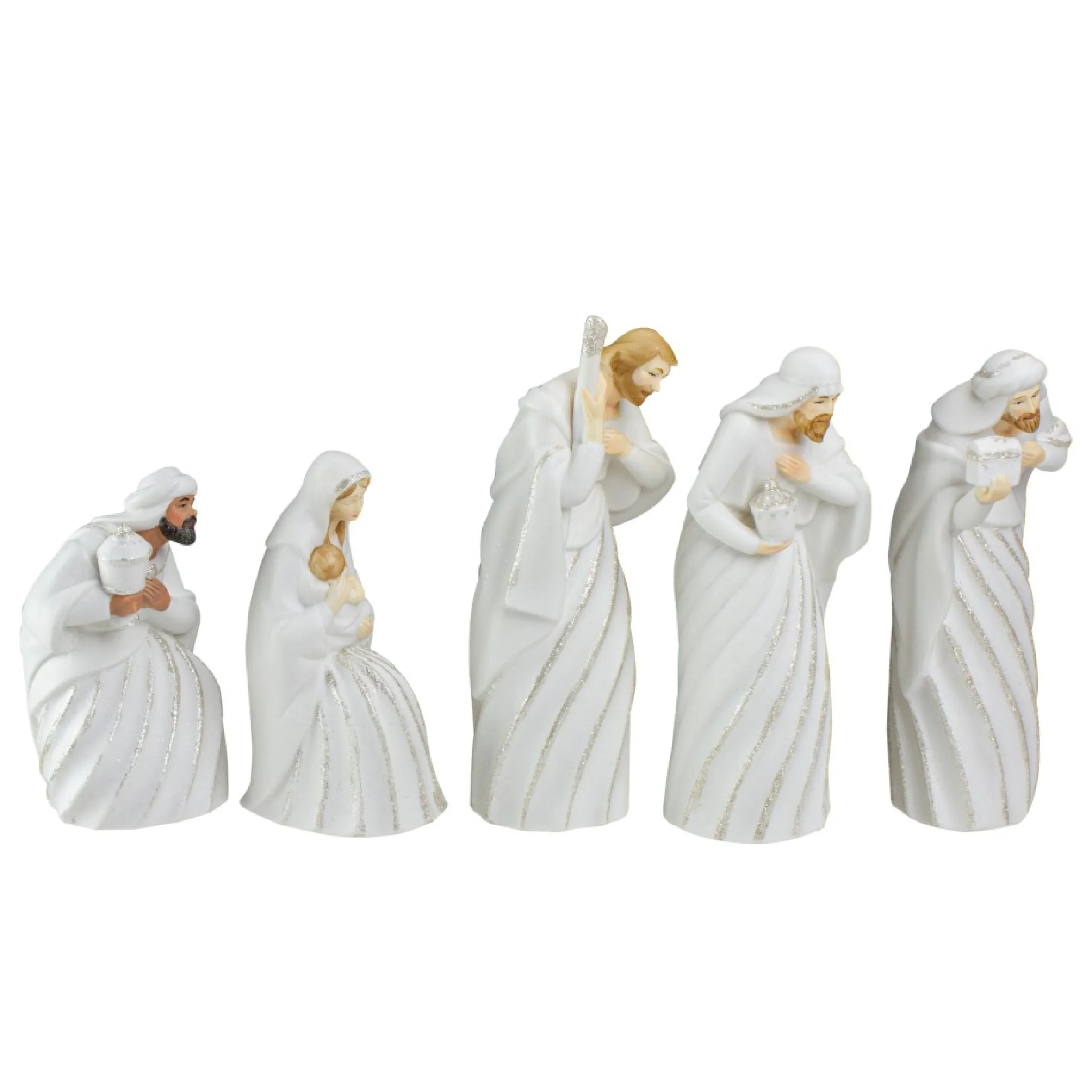 5Pc White And Silver Holy Family With Men Christmas Nativity Figure Set 7.25"