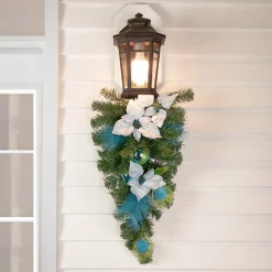 22" Peacock Feather And Poinsettia Artificial Christmas Teardrop Swag, Unlit