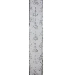 Pearl White And Silver Glitter Trees Wired Christmas Craft Ribbon 2.5 X 10 Yards