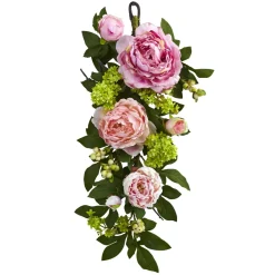 24" Peony And Hydrangea Artificial Spring Teardrop Swag, Unlit