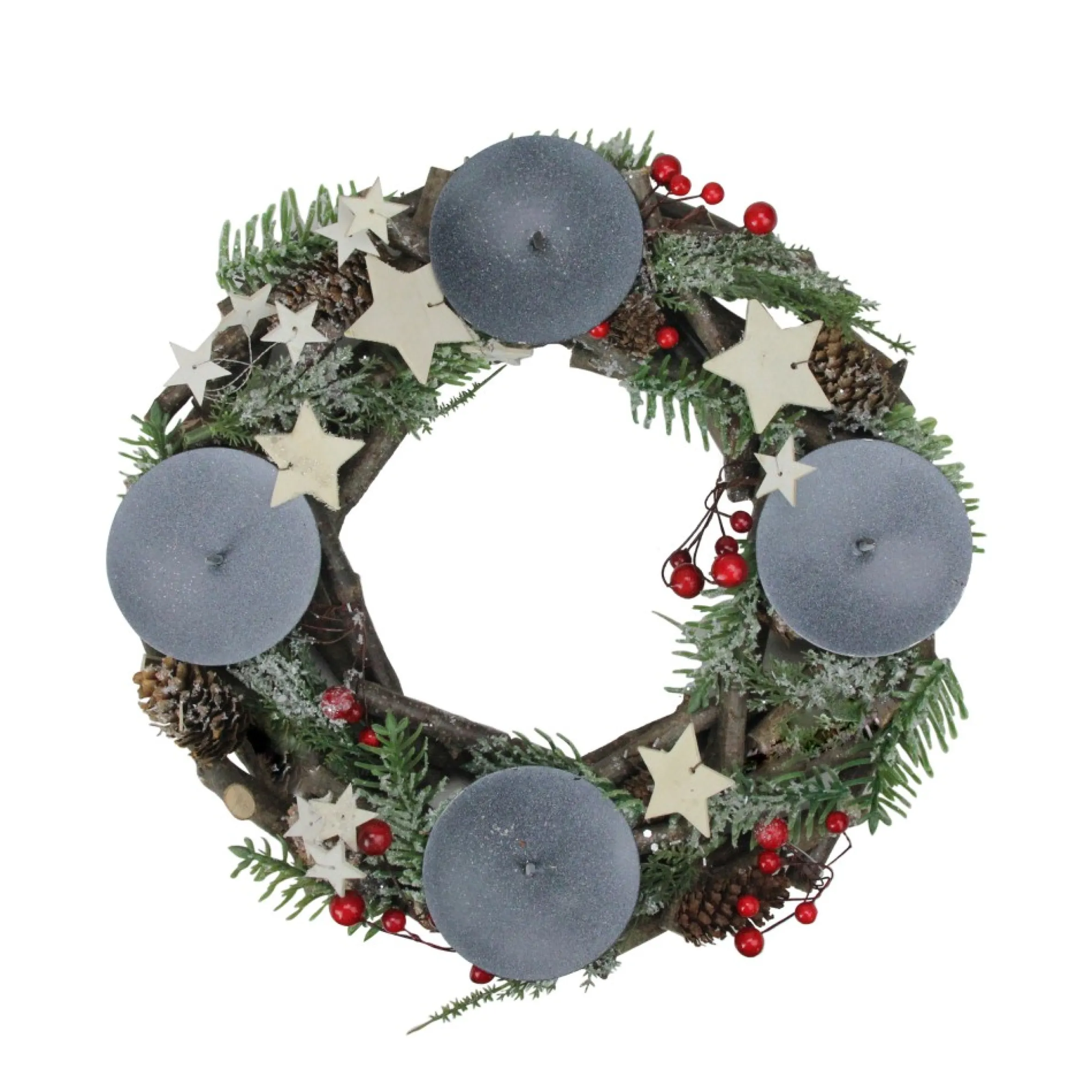 12" Pine Cones, Berries With Stars Christmas Votive Candle Holder