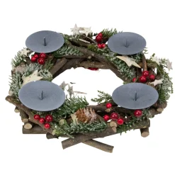 12" Pine Cones, Berries With Stars Christmas Votive Candle Holder