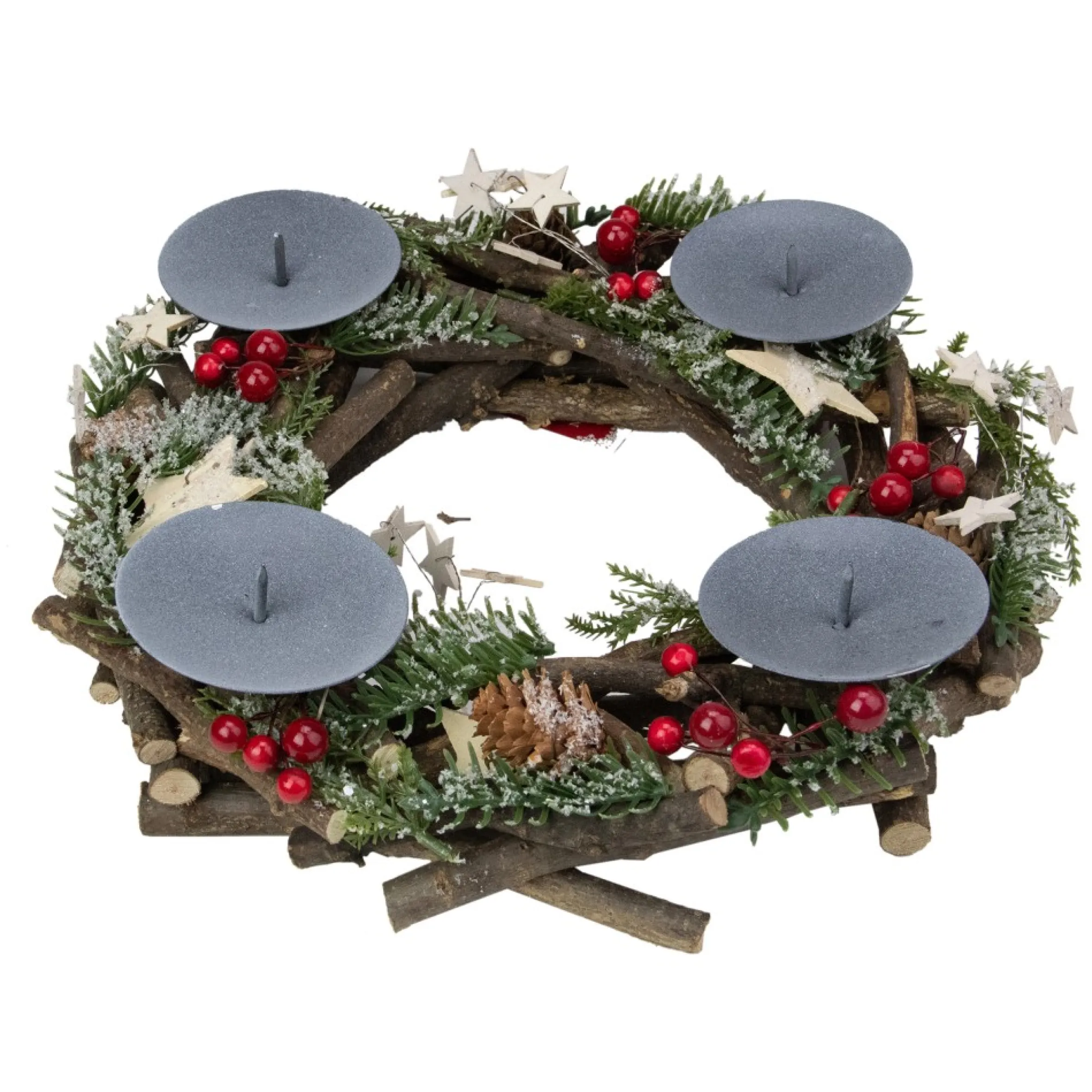 12" Pine Cones, Berries With Stars Christmas Votive Candle Holder