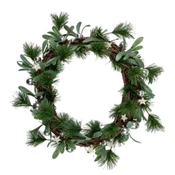 Pine Needle And Silver Ball Ornament Artificial Christmas Wreath, 12-Inch, Unlit