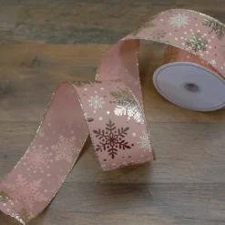 Pink And Gold Snowflake Christmas Wired Craft Ribbon 2.5" X 10 Yards