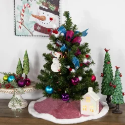 20" Pink Glittered Mini Christmas Tree Skirt With White Fur Trim