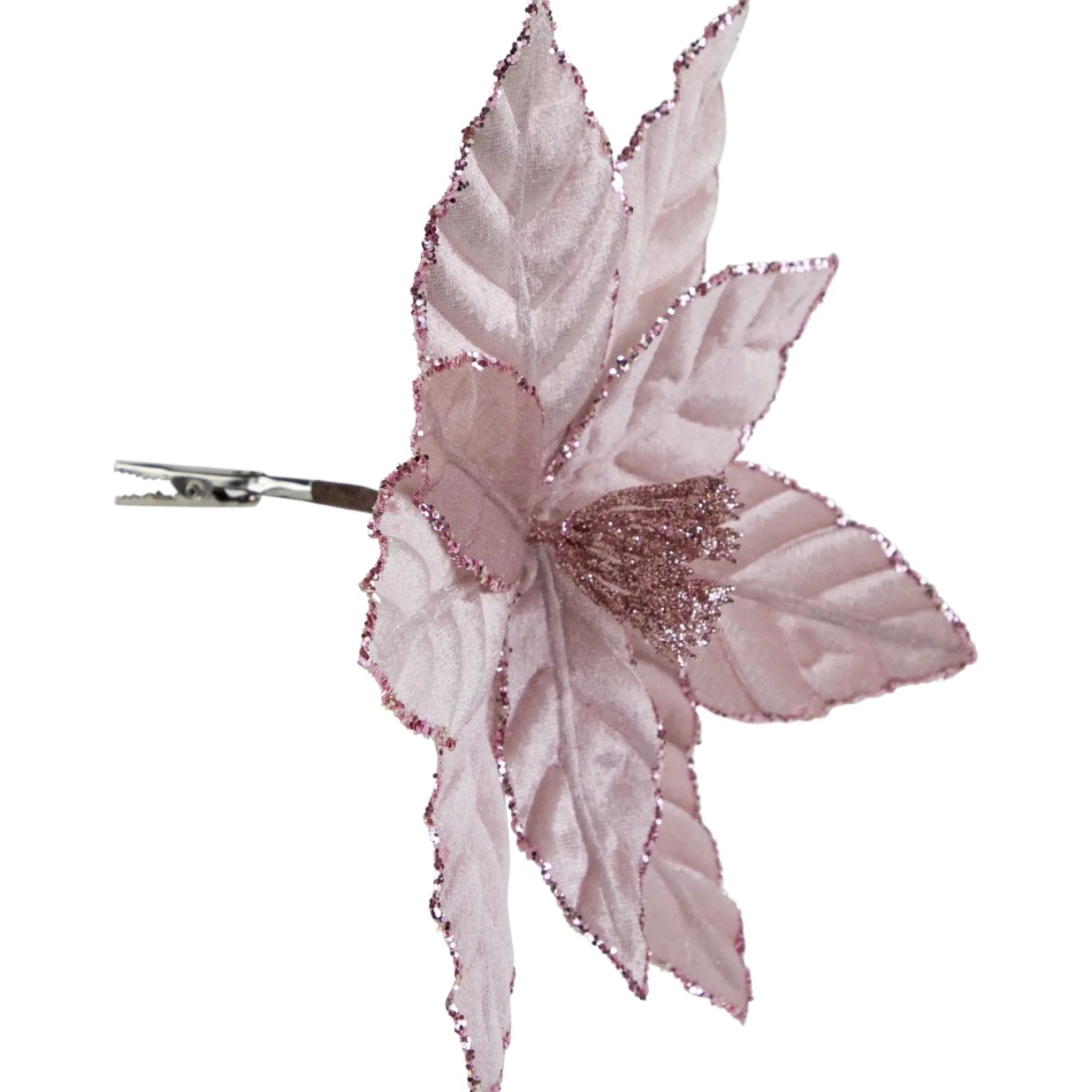 10" Pink Glittered Poinsettia Christmas Floral Clip