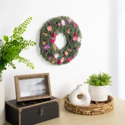 13" Pink Rose And Purple Thistle Mixed Floral Spring Wreath