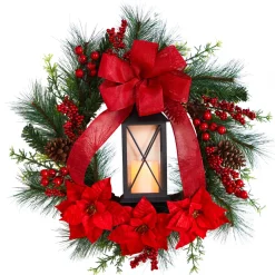 Poinsettia And Berry Artificial Christmas Wreath With Lantern, 28-Inch
